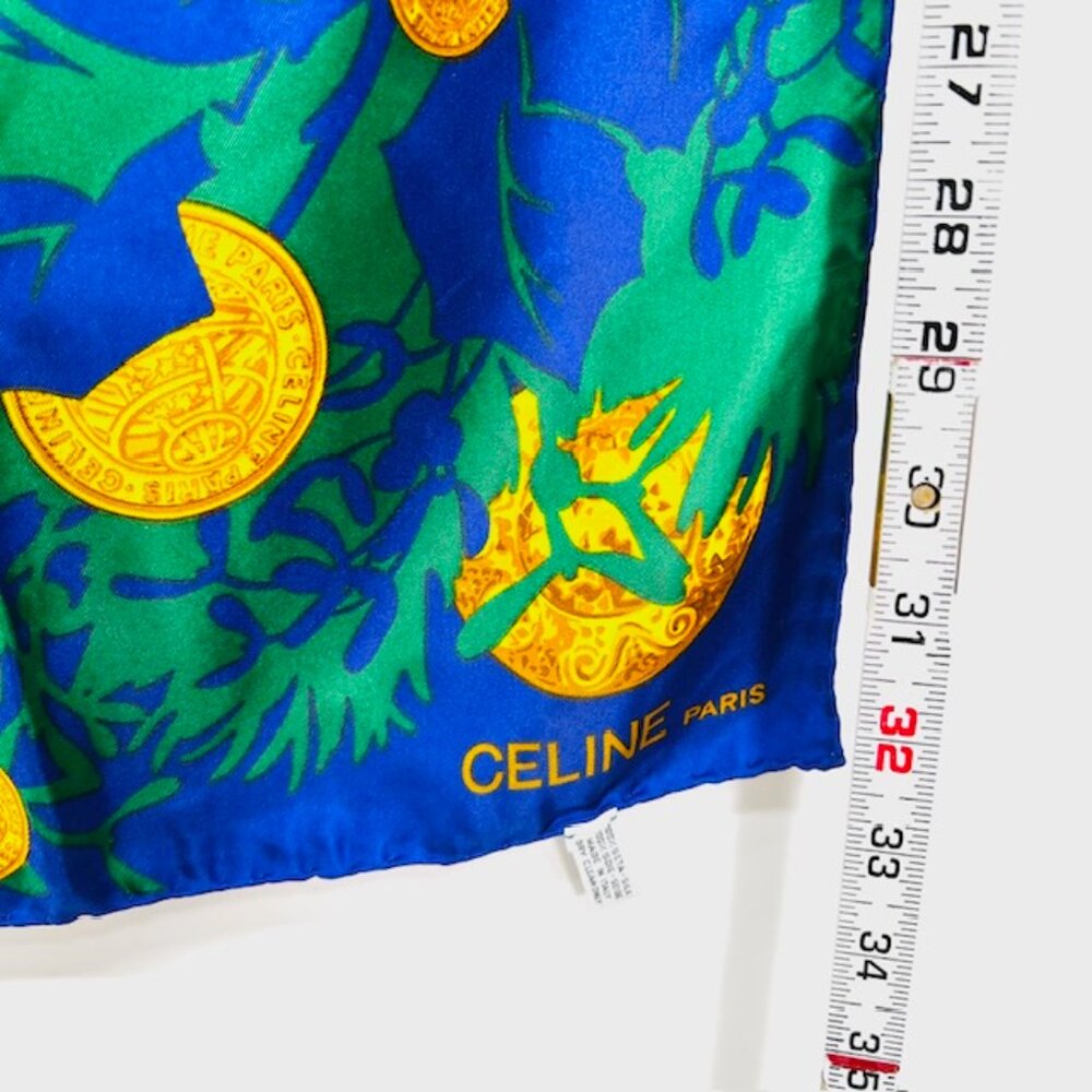 Vgt  Celine Paris 100% Silk Scarf Satin 34"  Green Blue Purple Floral Gold   (38 - Picture 13 of 16